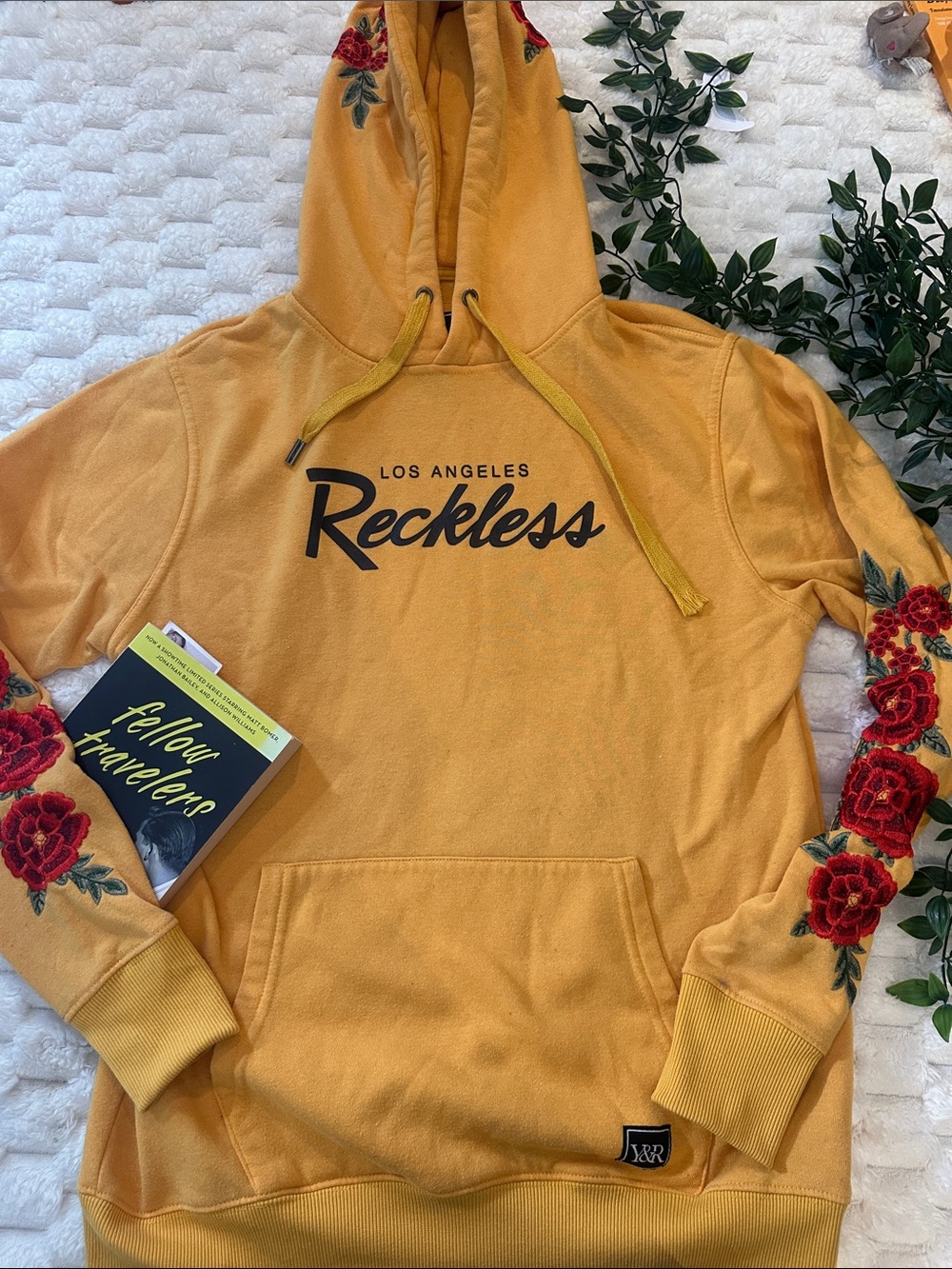 Los Angeles Reckless Mustard Yellow Embroidered Floral Hoodie